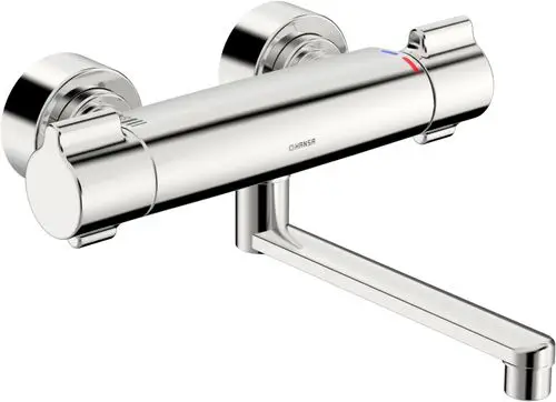 Chromfarbene Waschtischarmatur von HANSA mit zwei Drehgriffen zur Temperatur- und Wasserflussregelung. Ideal für moderne Badezimmeranwendungen.